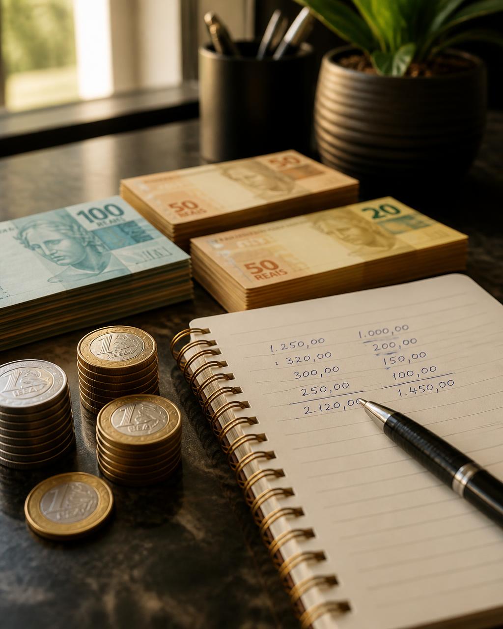 Notas e moedas organizadas ao lado de um caderno com o controle das finanças